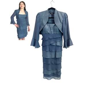 SL Fashions Formal DRESS 2+ CROP JACKET 6P Blue Tiered Beaded Ruffled Mob Wife